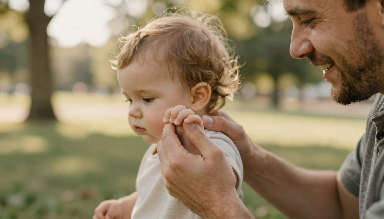 Candid close-up of an Ohio father gently holding his toddler's hands in a park, soft natural light, warm editorial style, shallow depth of field.
