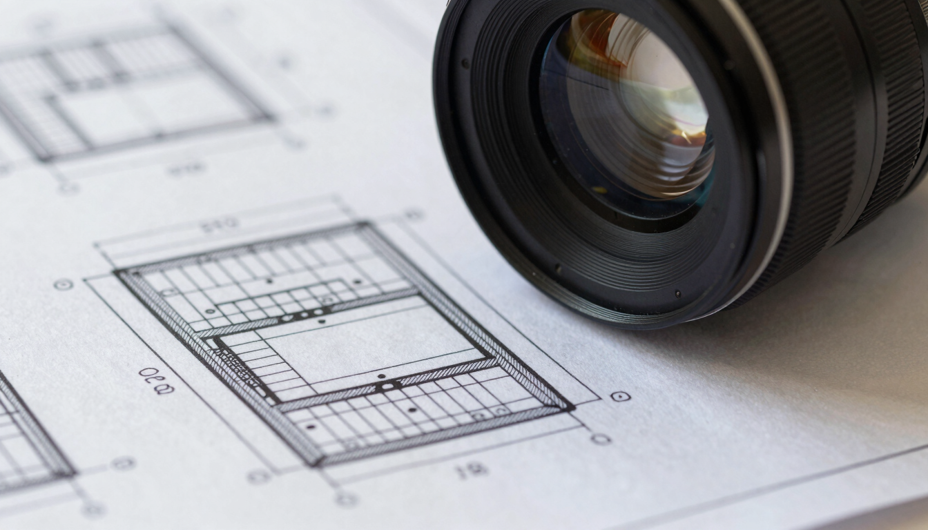 Tight macro detail of a technical blueprint and structural system diagram laying on a clean slate work surface.