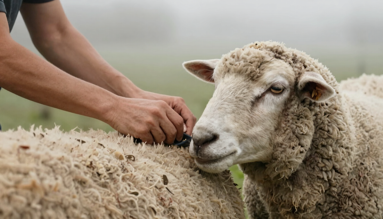 A warm close-up of gentle hands grooming the thick wool of a calm rescued sheep, soft morning mist, earthy tones, authentic editorial photography.