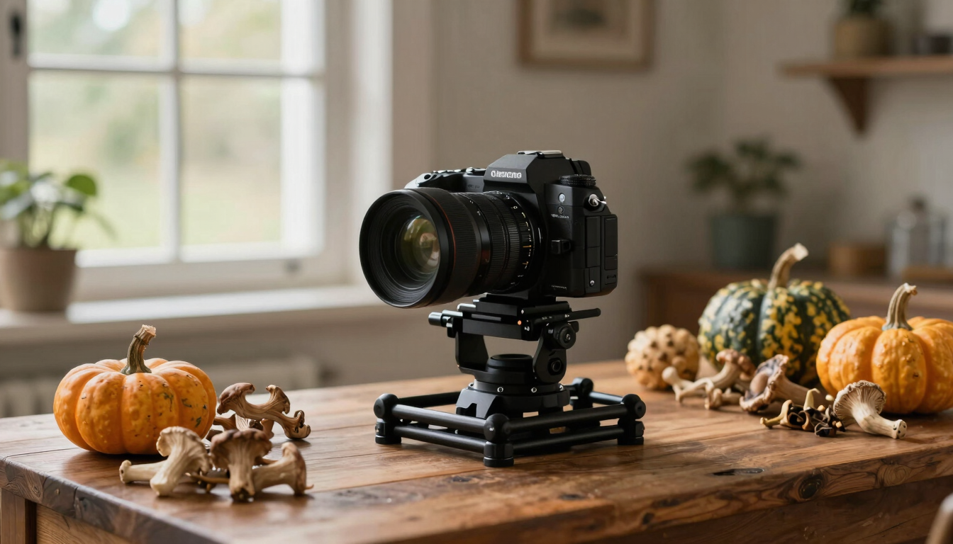 A professional camera rig positioned over a rustic wooden table covered in seasonal squash and wild mushrooms, natural window light.