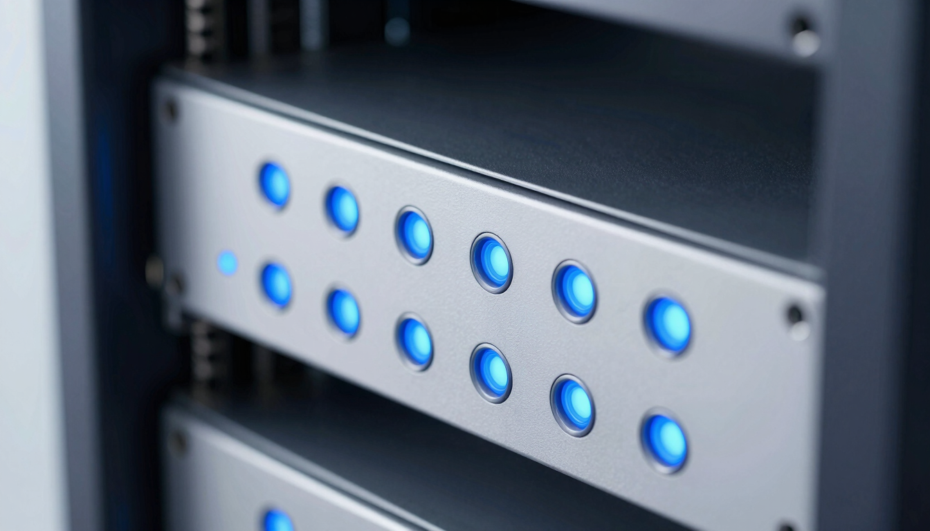 Macro close-up of a high-end clean server rack with blue status lights, cool crisp studio lighting, deep slate and white tones, sharp focus, 35mm lens