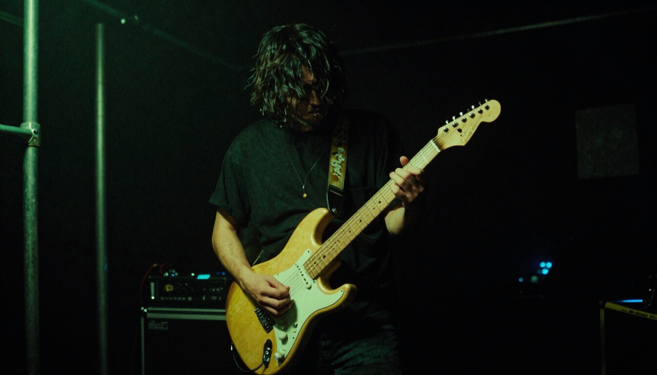 Gritty music photography, high contrast, deep blacks, neon green lights, a musician holding an electric guitar in a dark smoke-filled backstage room, 35mm film grain