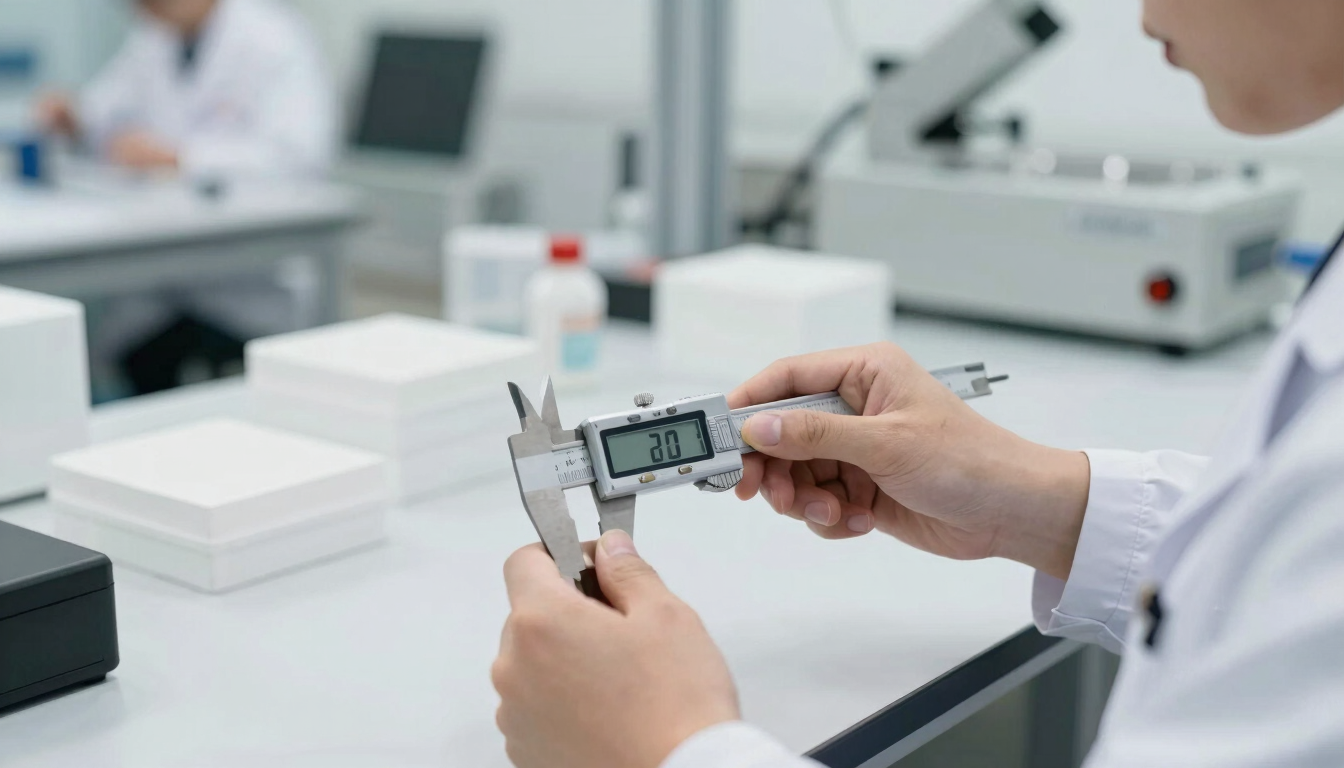Close-up of a quality control inspector verifying product dimensions with a digital caliper inside a bright, clean, modern testing facility, neutral daylight, sharp focus, 35mm.