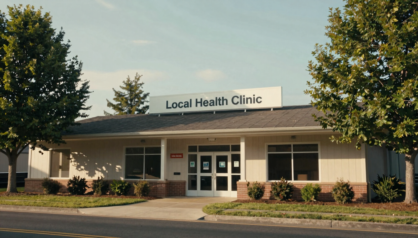 A warm, natural light photograph of the welcoming exterior of a local health clinic in Oregon, Ohio, framed by green trees and a clear sky.