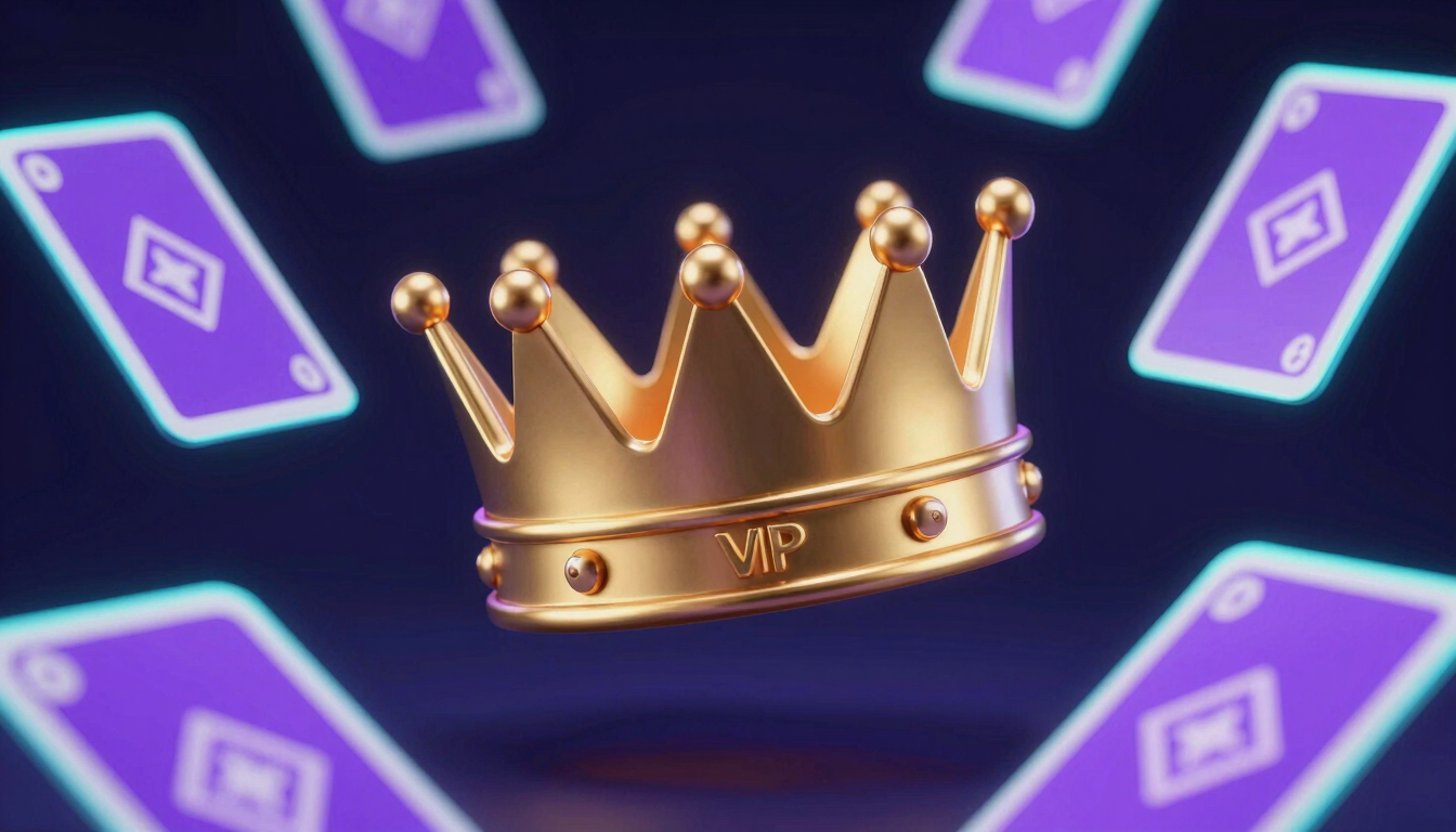 Close-up macro 3D render of a golden VIP crown and glowing purple gaming cards, floating on a dark navy background, cyan rim lighting, premium studio render.