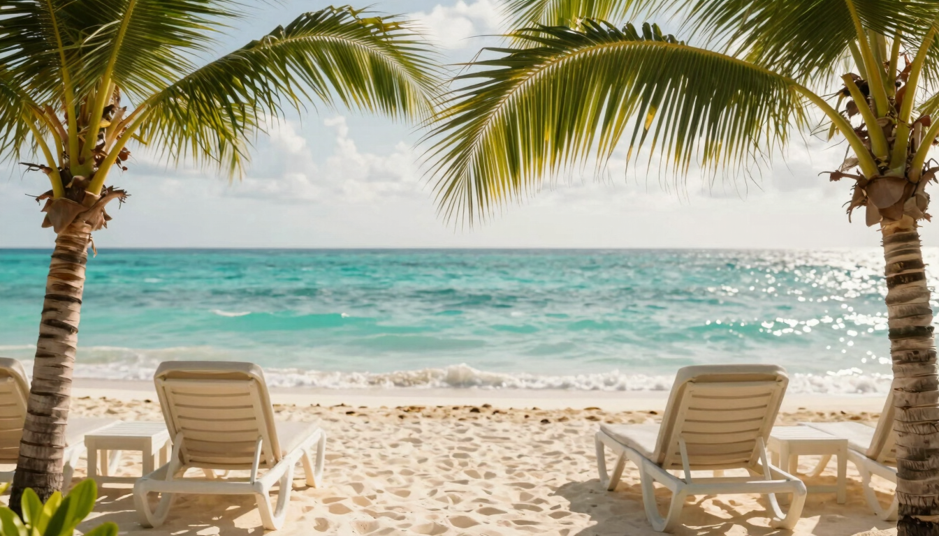 A serene tropical recovery terrace overlooking the turquoise sea of Cancun, warm sunlight, comfortable lounge chairs, lush green palm leaves framing the view
