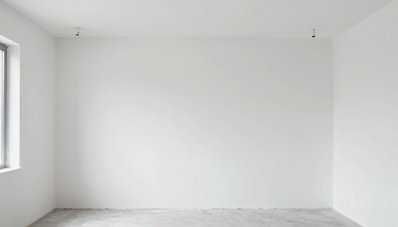 Sharp straight-on architectural shot of a newly finished room with perfectly smooth white plaster walls, crisp cool daylight casting clean lines, 35mm lens.