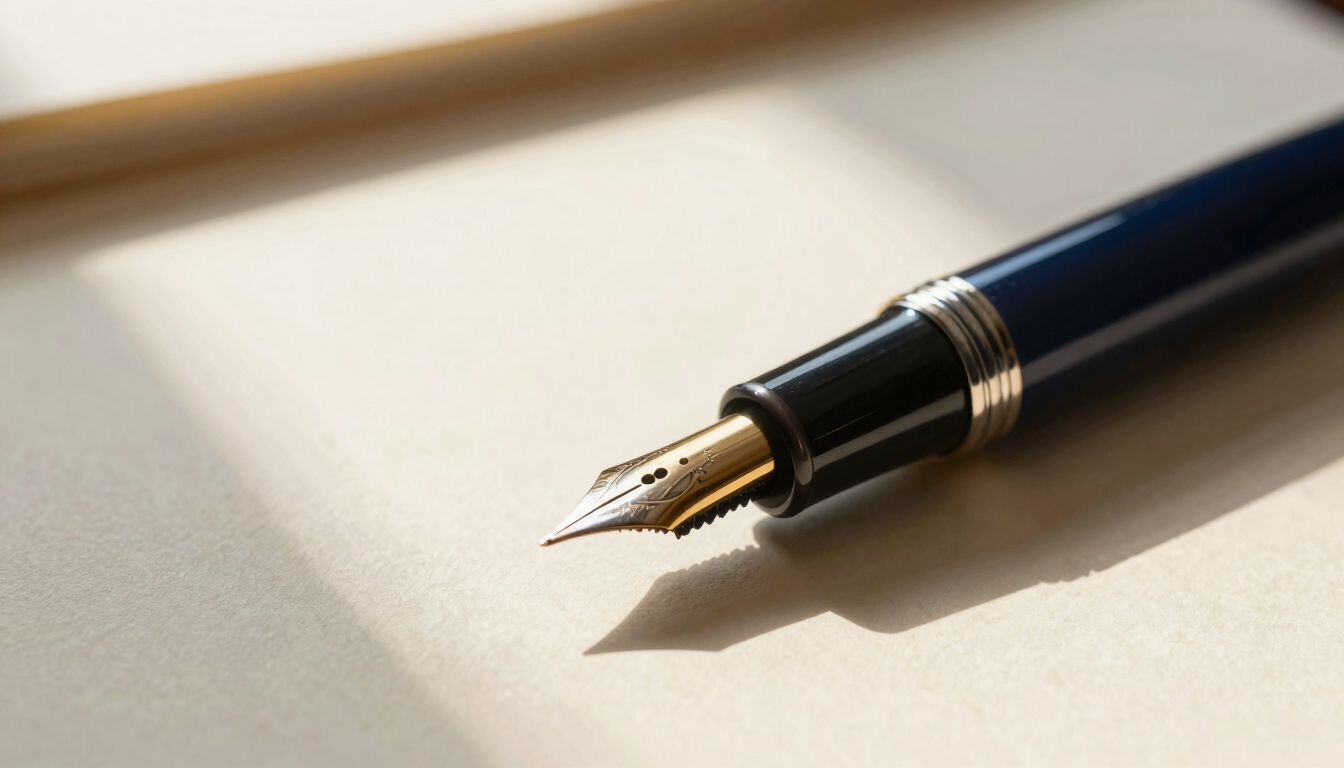 Close-up of a high-end fountain pen resting on a textured parchment agreement, shallow depth of field, warm directional window light, rich contrast.
