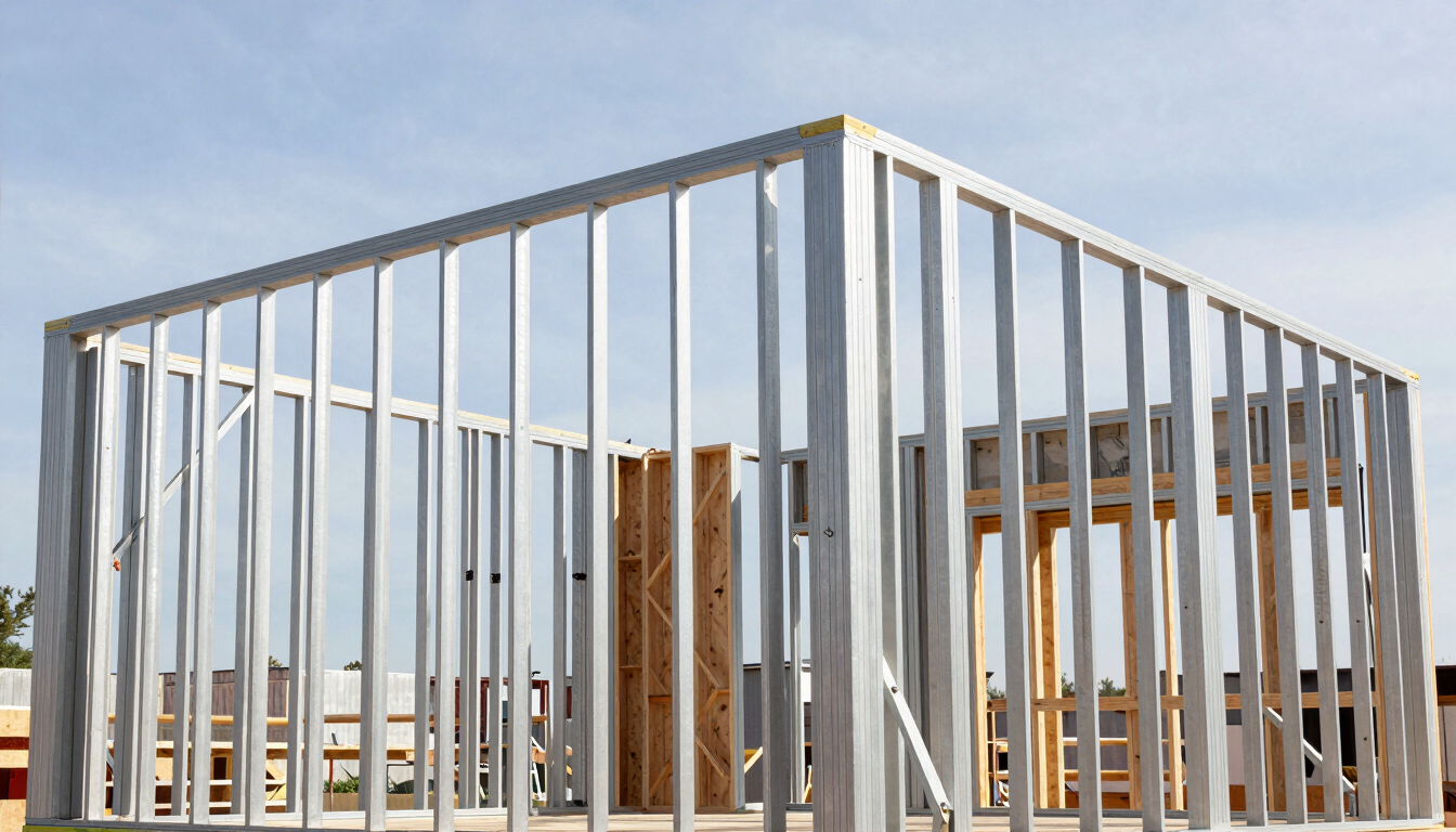 Meticulous detail shot of a luxury home under construction, showing clean structural steel framing and exposed timber joints, bright natural light, architectural precision, 35mm.