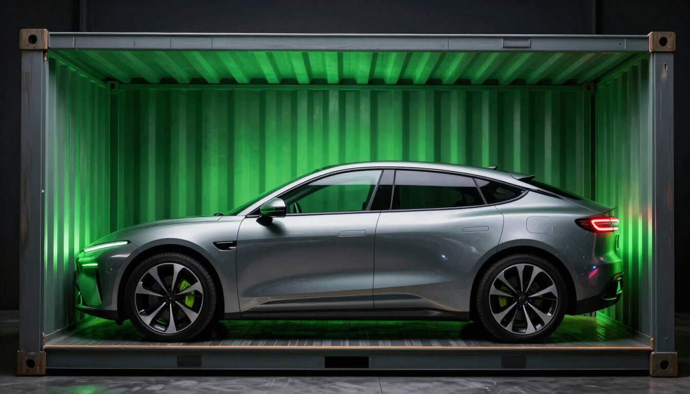 Sleek electric sedan profile inside a modern shipping container, dramatic neon green accent lighting, cool metallic tones, sharp details