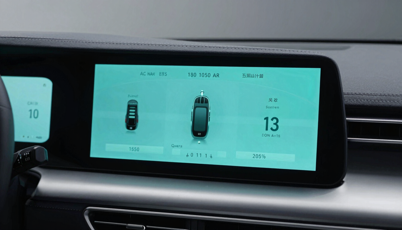 Close-up of a futuristic digital dashboard interface inside a premium electric vehicle, glowing teal telemetry screen, ultra-clean design, sharp details