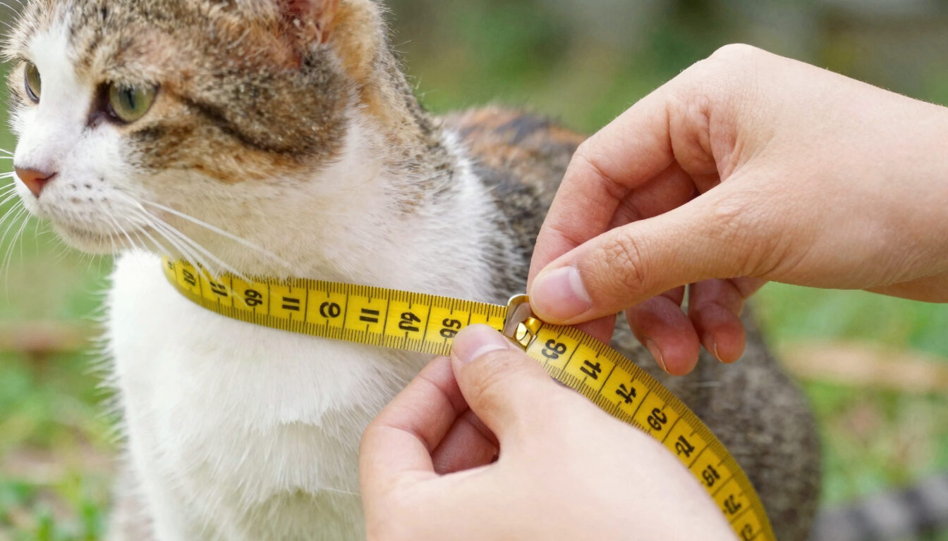 Close-up of hands gently measuring a calm cat's chest with a yellow measuring tape, warm natural daylight, soft focus