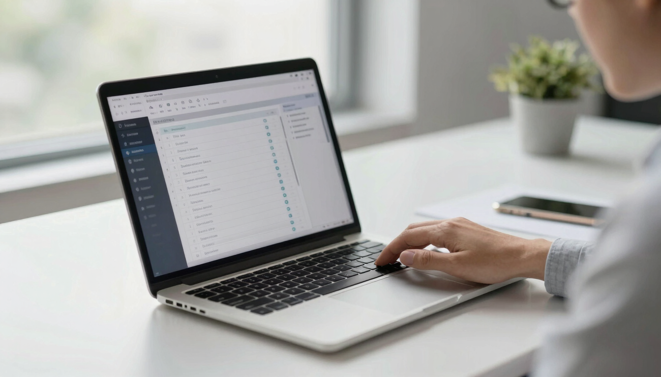 A side-angle view of a clean office desk, a laptop displaying a project management interface with automated task lists, soft natural window light, focused professional environment.