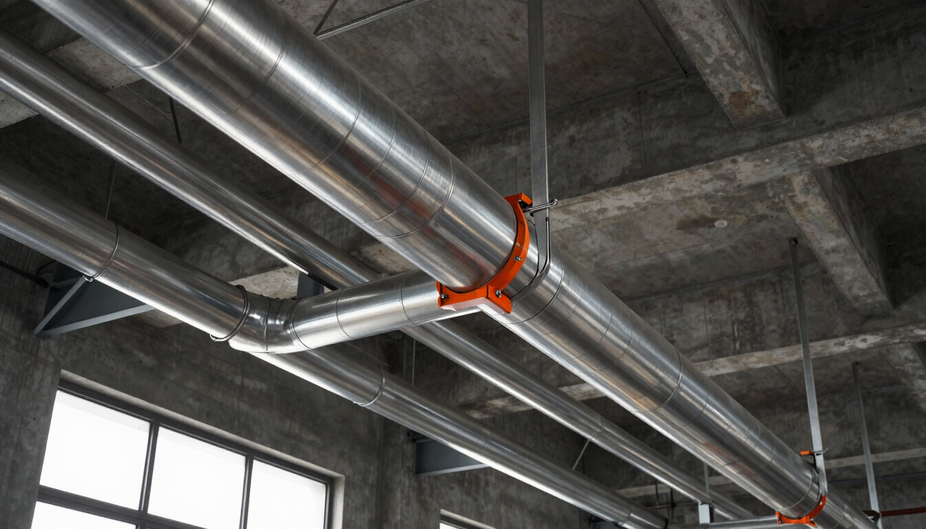 Low-angle sharp industrial photography of clean stainless steel ductwork running across a high concrete factory ceiling, dramatic side lighting cutting through windows, cool steel tones with safety orange accents, 35mm lens.