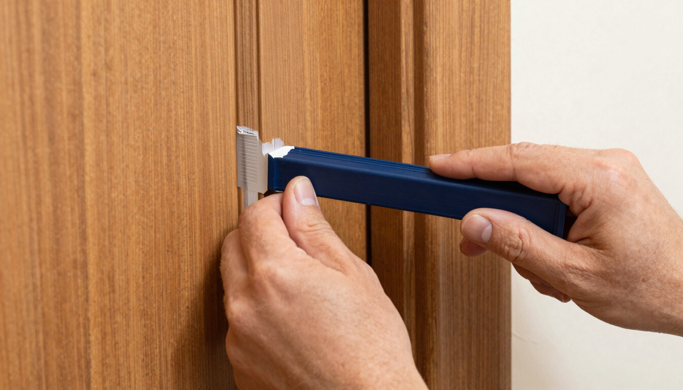Bright architectural detail shot of a professional painter tape line, crisp paint edge against a warm wood door frame, clean hands, natural light, macro photography