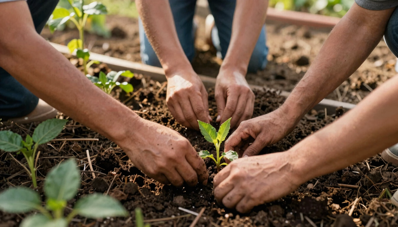 Hands of community members working together to plant a garden, warm natural daylight, rich soil, earthy green and terracotta tones, close-up documentary shot