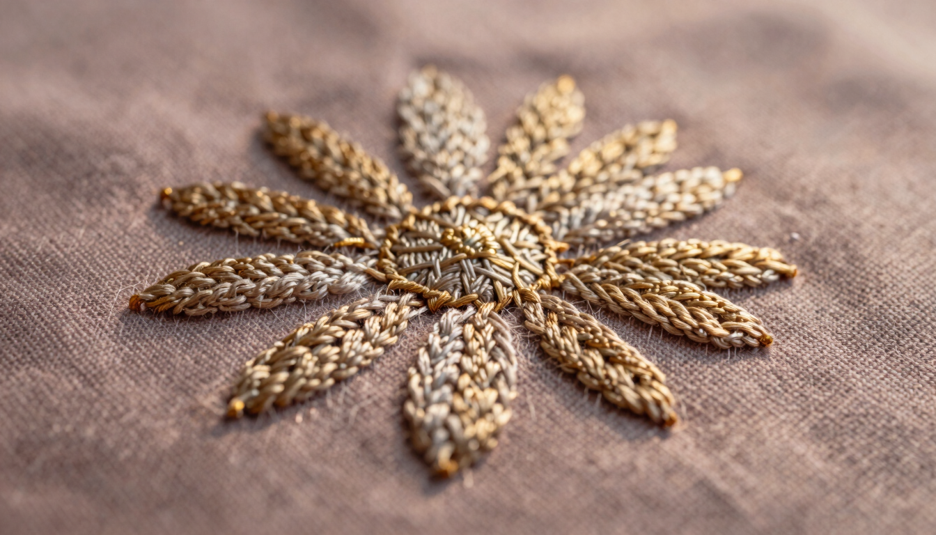 Macro detail of intricate embroidery on dusty mauve organic cotton, soft golden hour light revealing tactile thread textures.