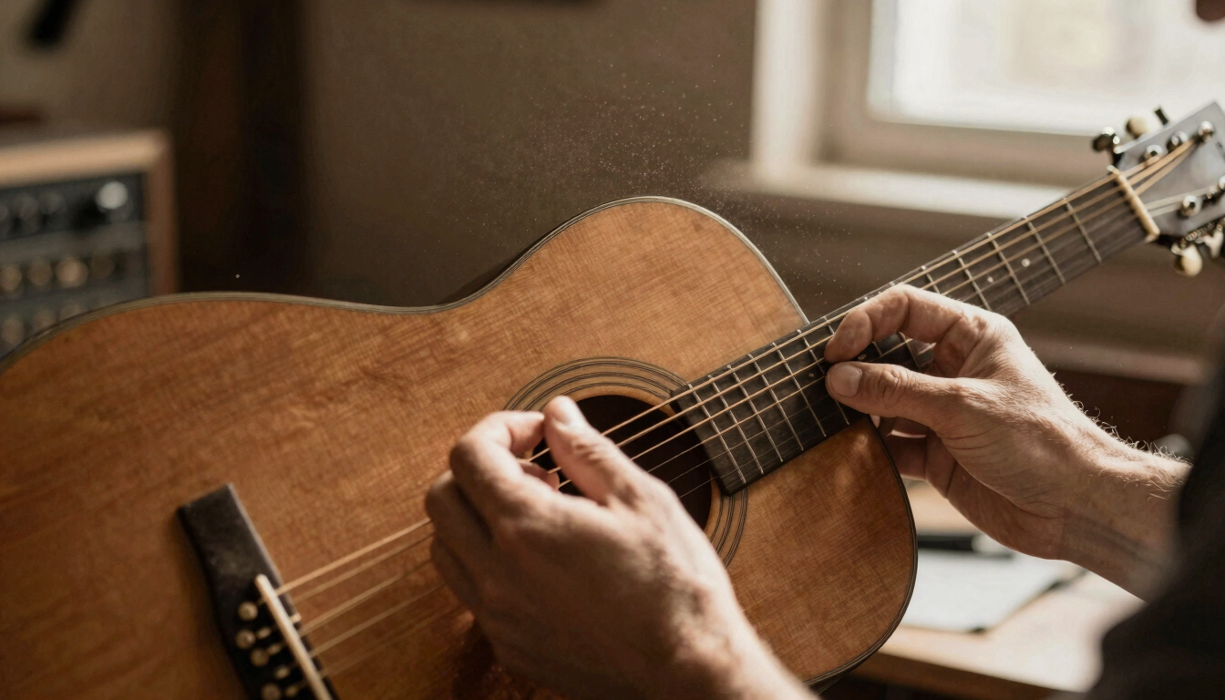 Hands tuning a vintage wooden acoustic guitar in a sunlit studio, warm dust motes, rich sepia tones, nostalgic film grain, landscape aspect
