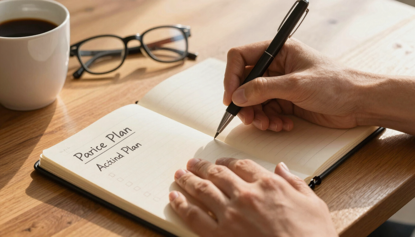 Close-up of hands writing a personal action plan on a notebook with a pen, coffee cup and glasses nearby on a warm wooden table, soft golden hour light