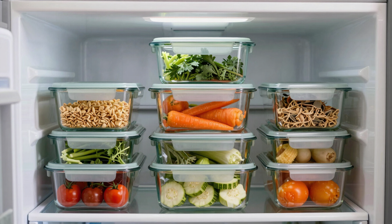 Bright, natural daylight close-up of neatly stacked glass meal containers filled with colorful vegetables inside a clean domestic refrigerator.