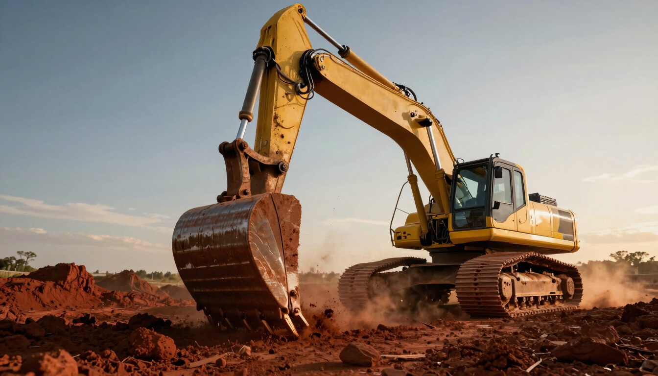Low-angle dramatic shot of a heavy excavator steel bucket digging into dark red clay soil, high contrast, dust in the air, golden hour lighting.