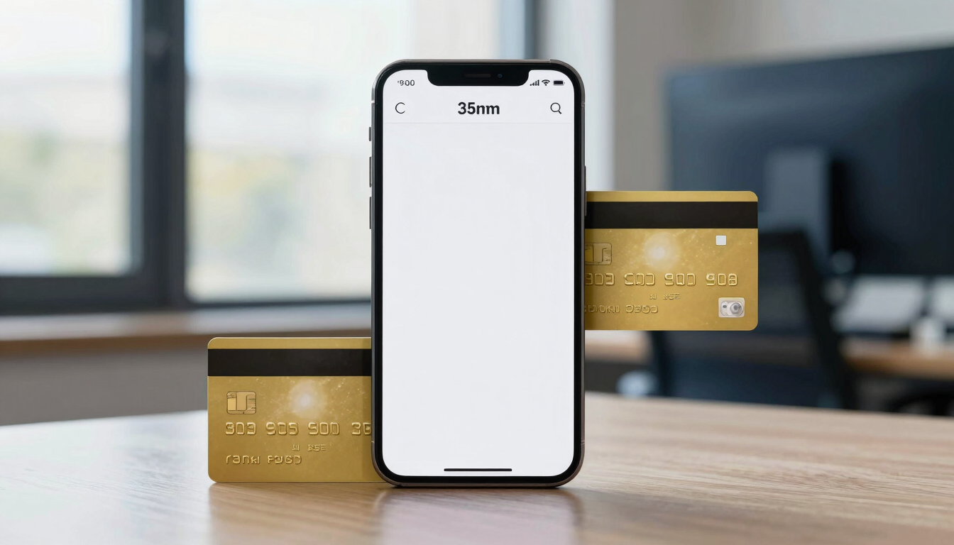 Editorial portrait of a modern smartphone displaying a clean digital checkout screen with a gold card next to it, natural window light, shallow depth of field, 35mm.