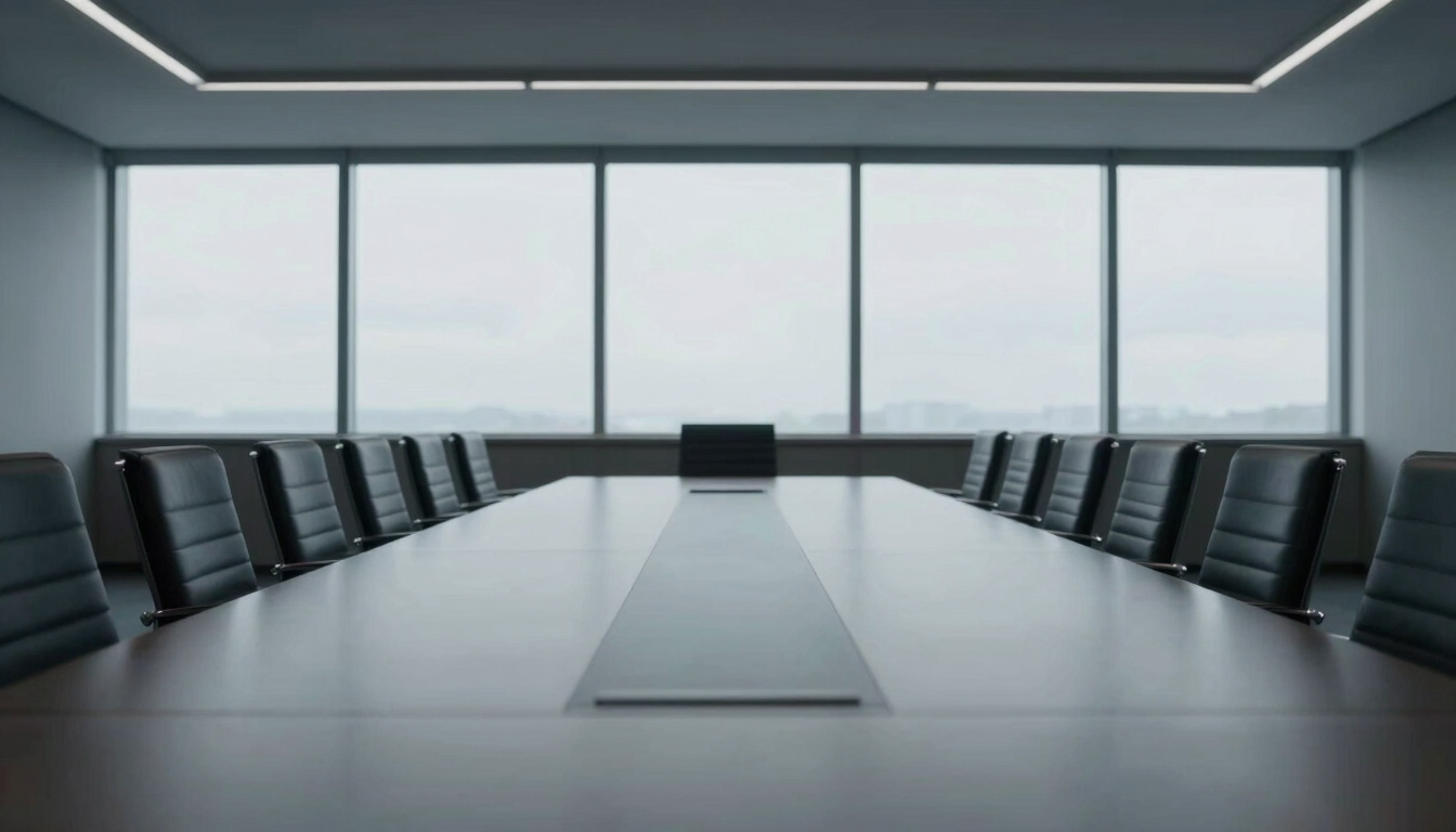 Symmetrical straight-on shot of an empty high-end conference room, cool overcast window light, clean horizontal lines, minimalist aesthetic.