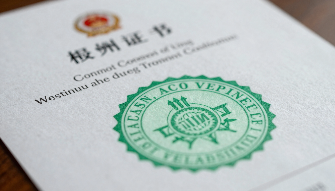Close-up of organized official certificates and documents with a clean mint green stamp, professional lighting, shallow depth of field.