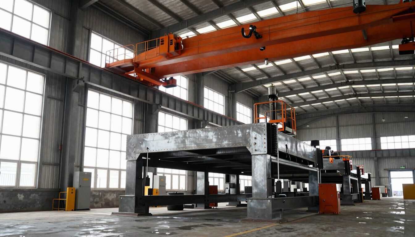 A high-contrast wide-angle view of a steel fabrication facility, overhead industrial crane, natural overcast daylight pouring through high warehouse windows, cool steel tones, safety-orange accents on machinery.