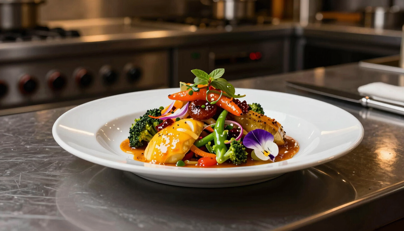 Vibrant editorial photography of a beautifully plated colorful culinary dish next to a gleaming professional kitchen counter, warm dramatic lighting, rich saturated colors, sharp focus, 35mm.