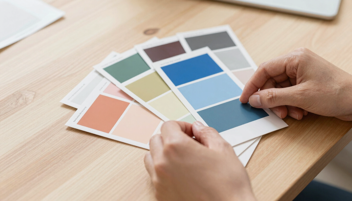 Close-up of hands arranging color swatches and paper textures on a clean wooden table, soft natural daylight, crisp focus, 35mm lens.
