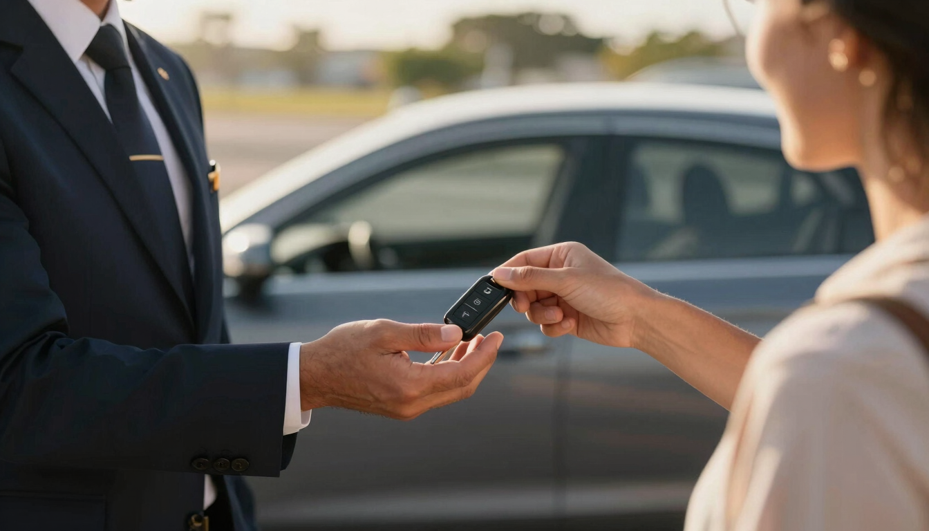 A close-up of a professional agent handing car keys to a traveler at the Kingston airport arrivals curb, warm golden-hour daylight, shallow depth of field, clean modern vehicle dashboard visible in the background