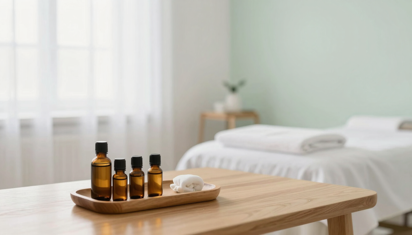 Wide environmental shot of a bright, airy massage studio interior in St. Petersburg, minimalist decor with a warmed table, organic oils on a wooden tray, soft diffused daylight, bright airy photography.