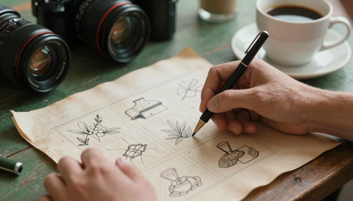 Editorial close-up of hands sketching a storyboard on rustic parchment paper, camera lenses and a warm cup of coffee nearby, soft natural side-lighting, shallow depth of field, 35mm film.