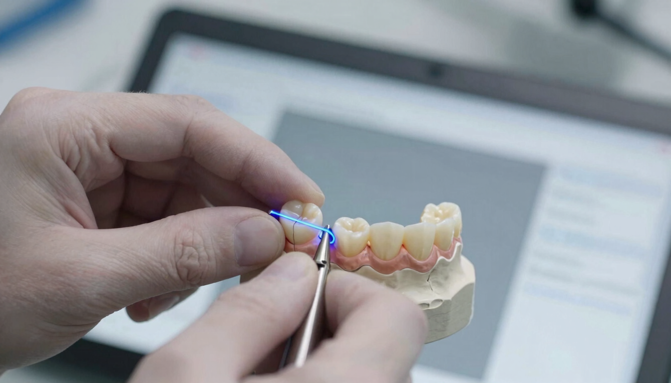 Macro shot of a dental technician designing a ceramic crown on a high-resolution CAD software interface, glowing blue lines indicating micron-level margin adjustments, sterile clinical laboratory environment.