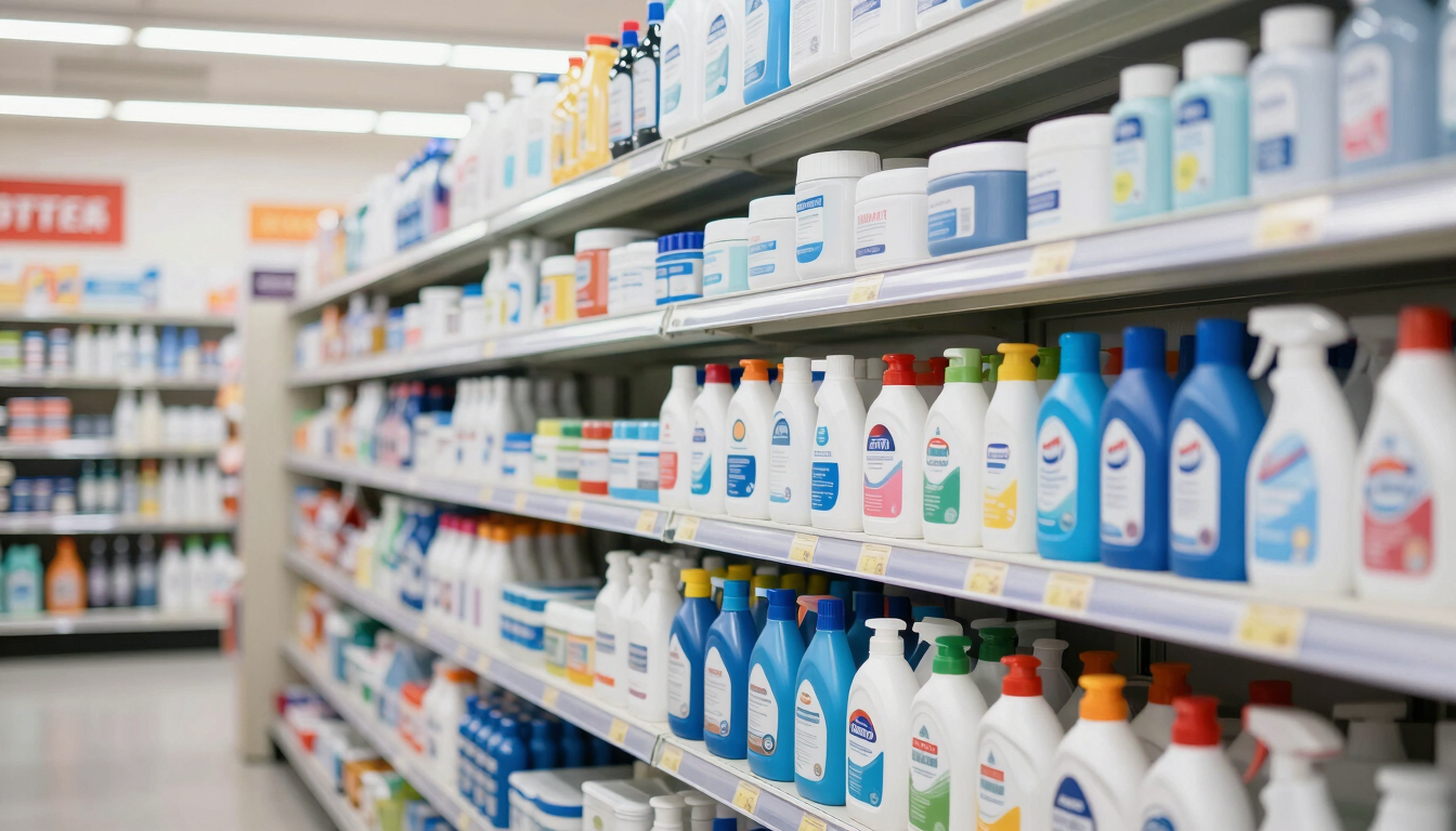Clean, organized retail shelves stocked with household goods and cleaning supplies under bright daylight, sharp commercial focus