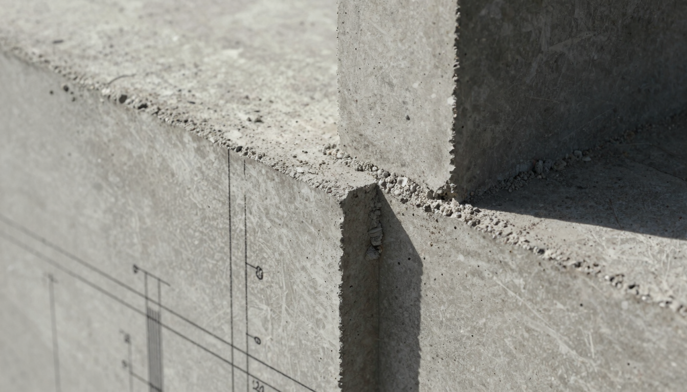 Extreme close-up of a structural monolithic EPS panel junction integrated with raw concrete, dramatic side lighting highlighting the texture of polystyrene and concrete, architectural blueprint lines visible.