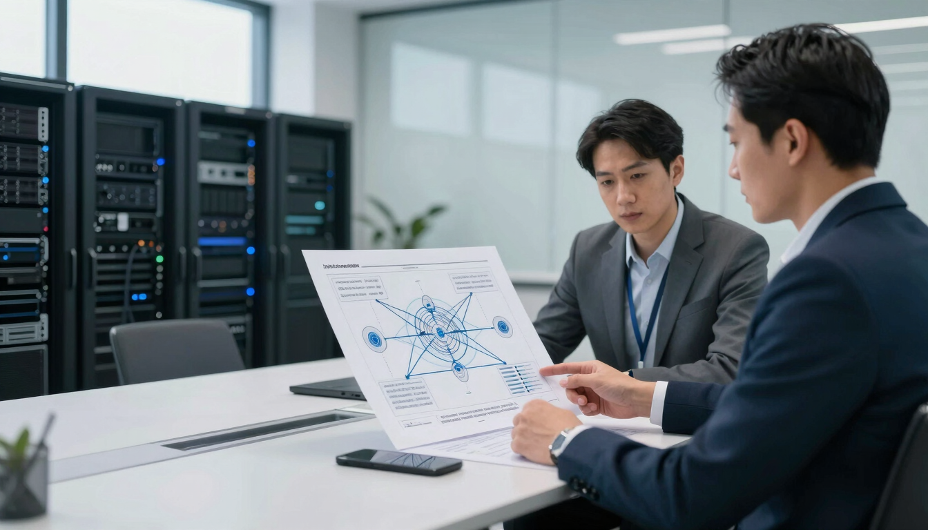 Professional IT consultant in a modern minimalist meeting room, analyzing network topology diagrams on a clean desk, natural overcast daylight, cool slate tones