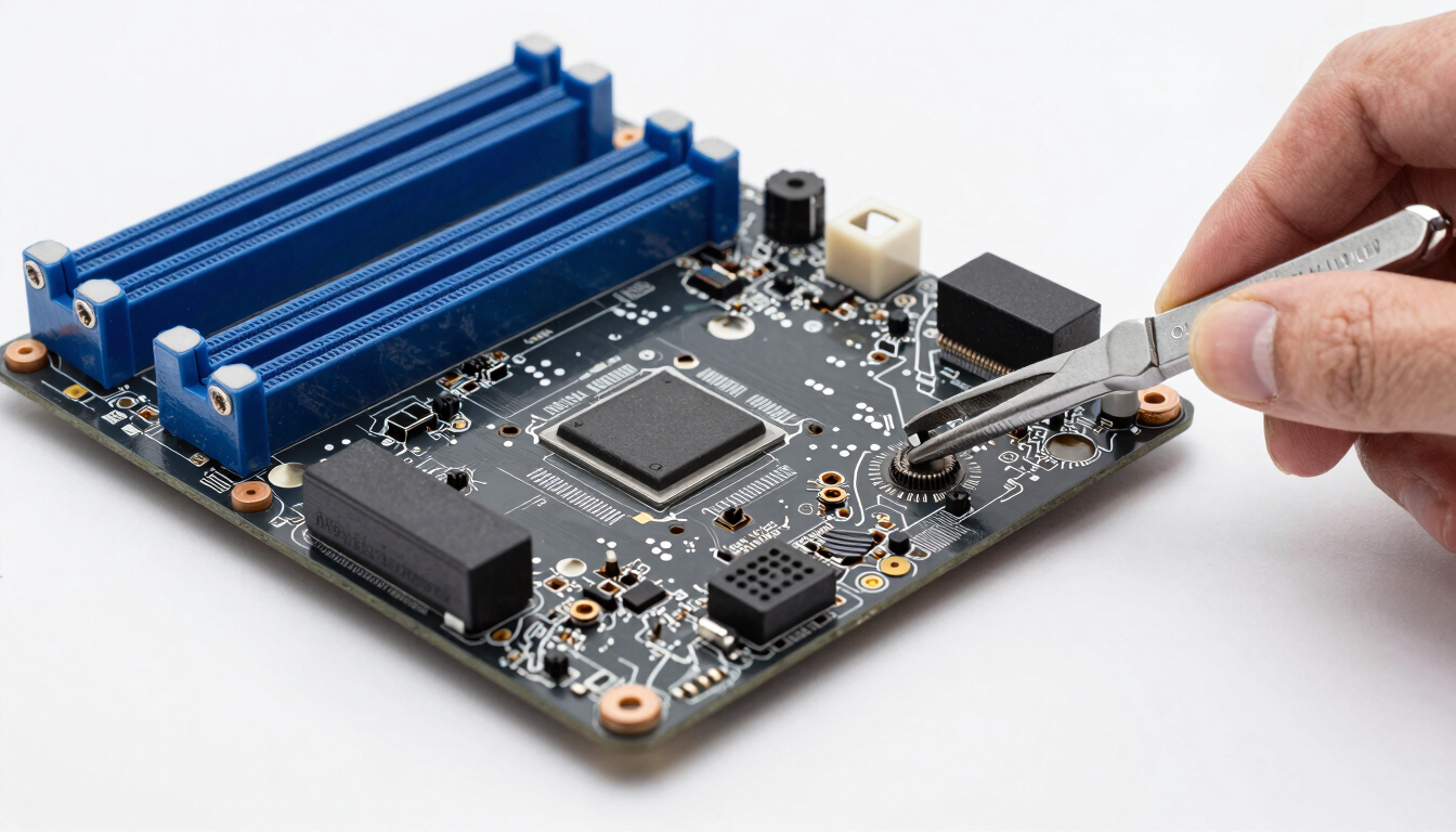 Macro shot of a clean motherboard repair with a technician using tools under bright clean studio lighting, cool slate and navy tones