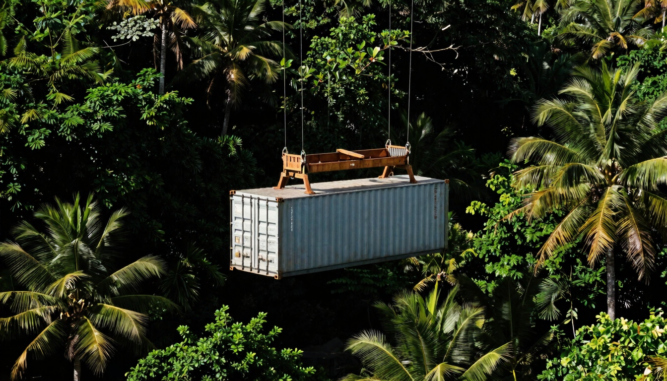 Dramatic wide-angle shot of a shipping container being unloaded at a tropical port, high-contrast morning sunlight, deep jungle-green foliage in the background, 35mm editorial.