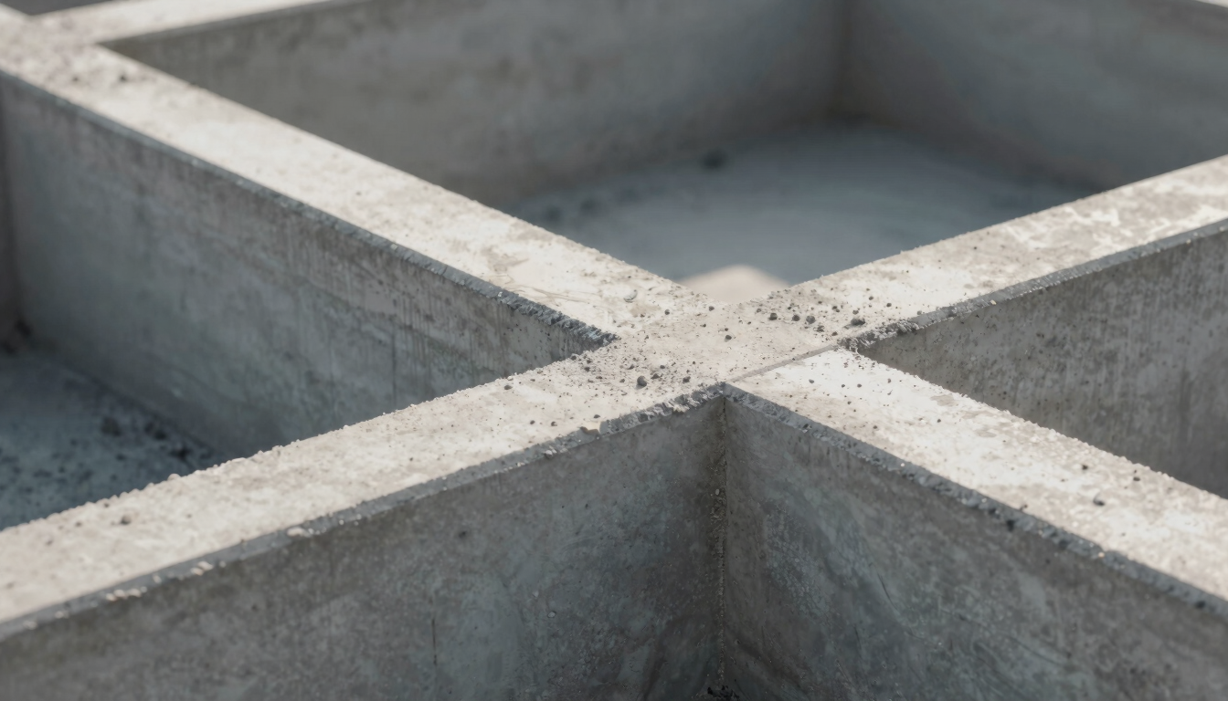 Macro shot of a concrete foundation pour, clean formwork lines, crisp morning site light highlighting structural precision