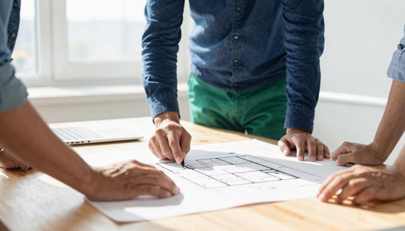Hands of professionals collaborating over architectural blueprints on a sun-drenched wooden table, natural light, 35mm