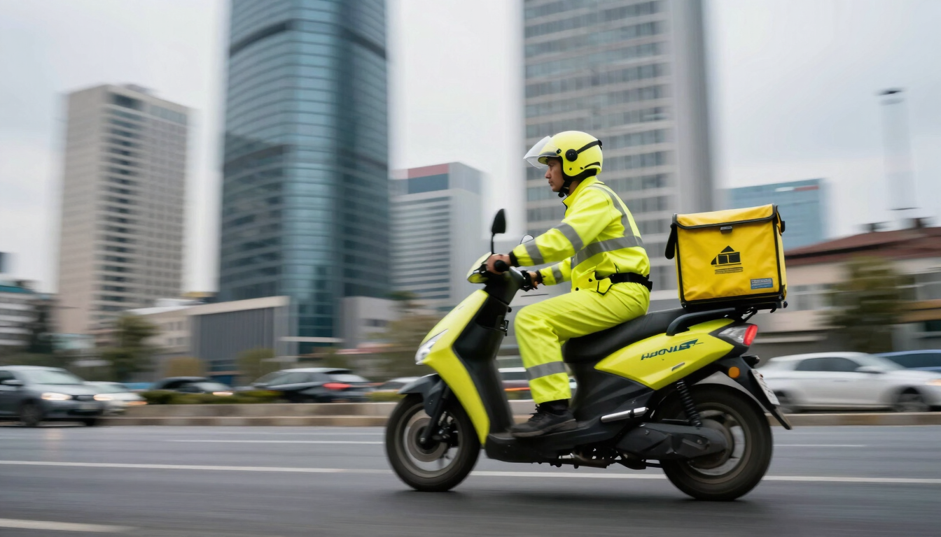 Dynamic low-angle shot of a motorized courier in high-visibility yellow gear riding fast through Istanbul streets, motion-blurred background of Levent skyscrapers, cool overcast daylight