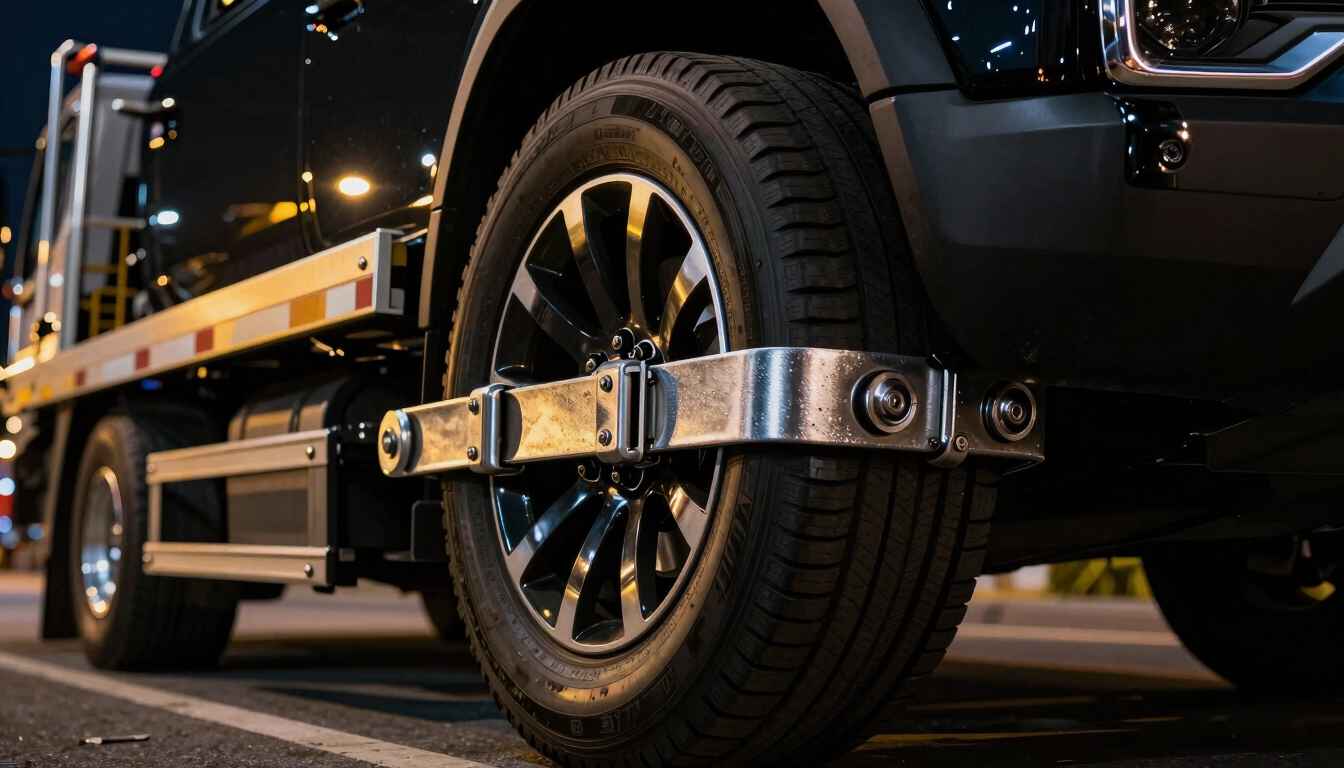 Low-angle close-up of a heavy-duty flatbed tow truck wheel straps securing a luxury vehicle tire, sharp focus on metallic ratchets, dramatic lighting