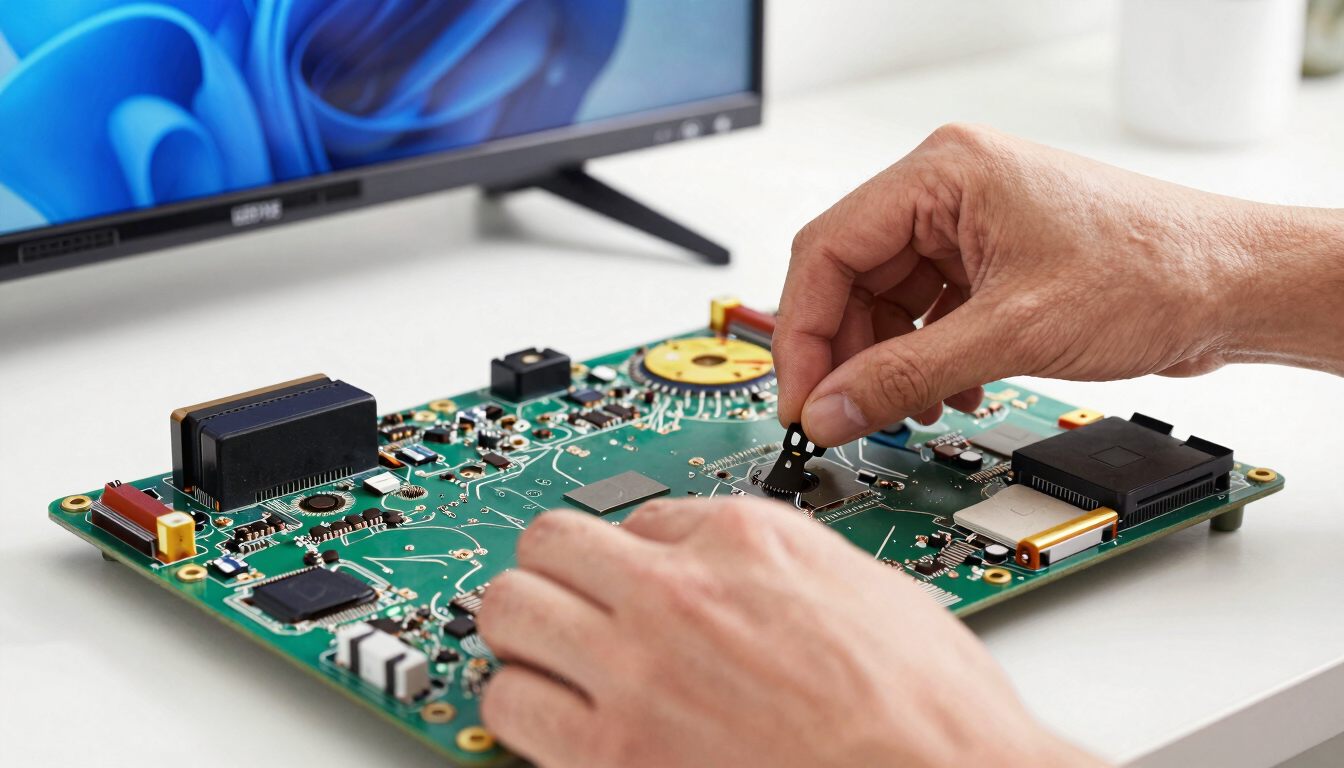 Close-up of a technician's hands carefully repairing the internal motherboard of an LED TV, bright daylight, 35mm.