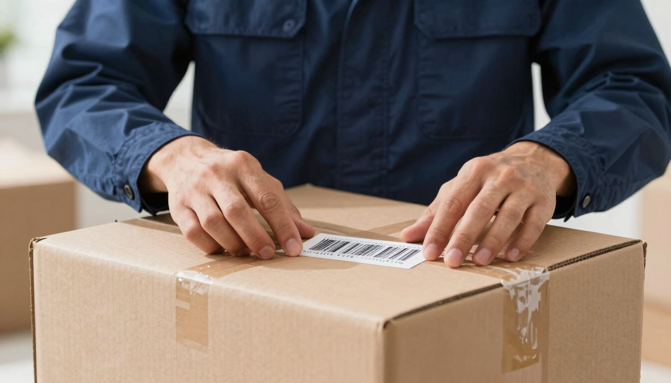 Straight-on close-up of a professional mover in a clean navy uniform placing a barcode sticker on a neatly taped cardboard box, bright natural daylight, sharp focus.