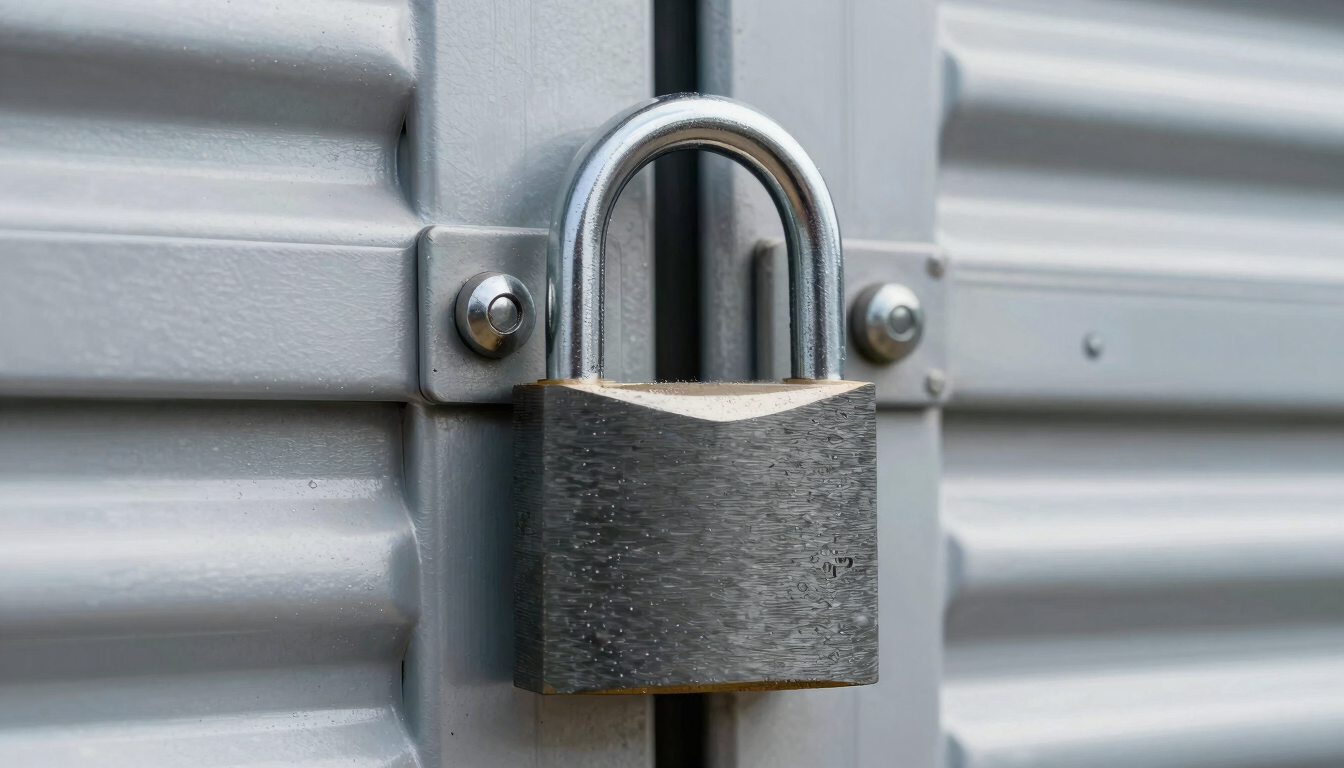 Macro close-up of a heavy-duty steel padlock securing a clean corrugated warehouse door, sharp metal textures, bright industrial lighting.