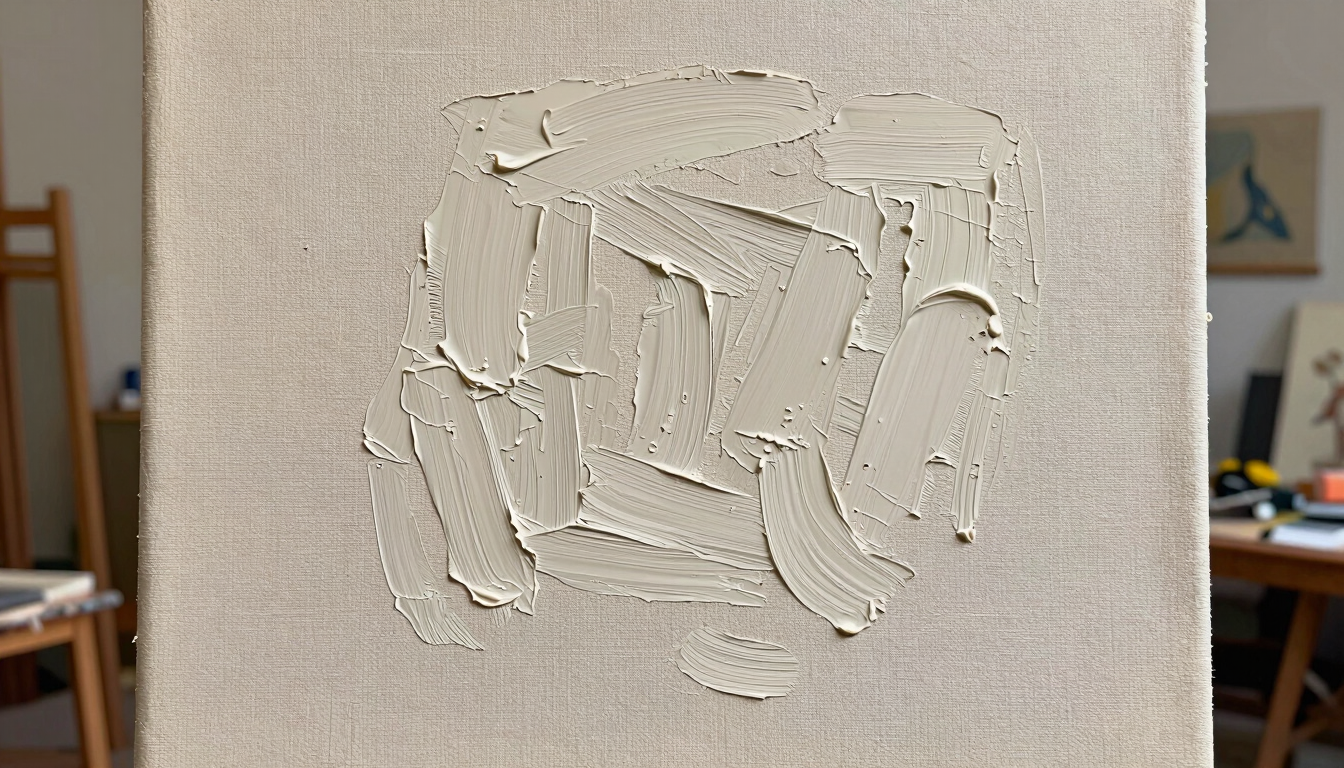 Close-up of canvas texture with thick impasto strokes in a quiet Manila artist studio, flat even gallery lighting.