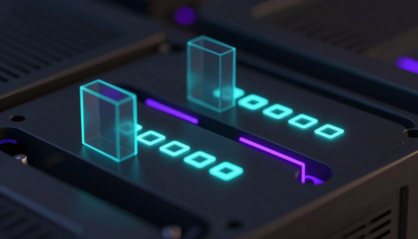 Macro close-up of server hardware with glowing neon turquoise status indicators, dark technical environment, octane render