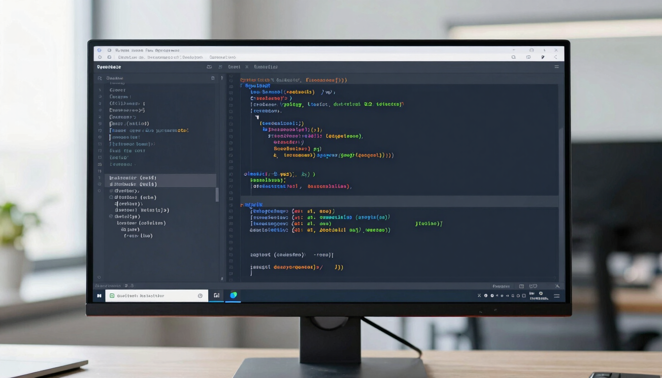 Straight-on technical view of a software developer's monitor displaying clean, structured code and system architecture diagrams, cool slate tones, sharp focus.